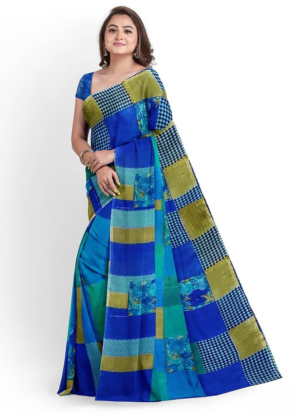     			Suali Georgette Printed Saree With Unstitched Blouse Piece ( Blue )