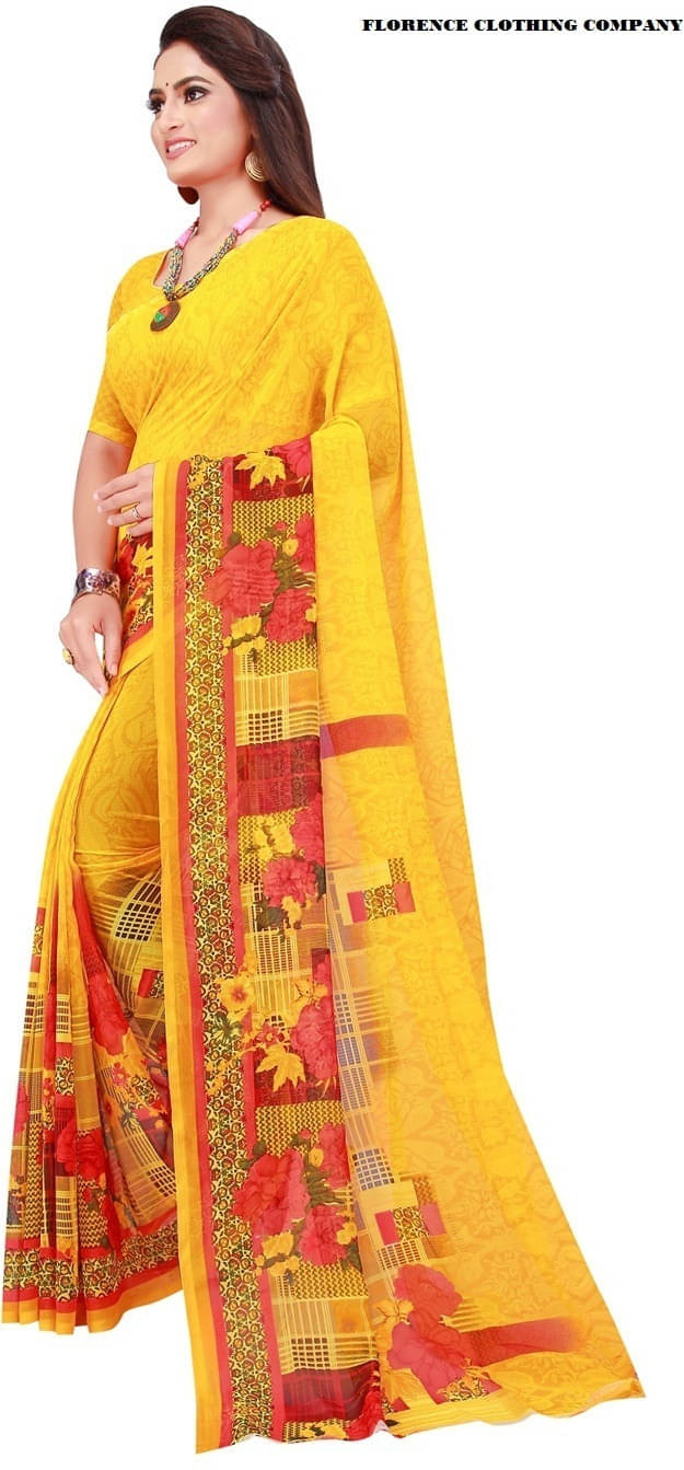     			Suali Georgette Printed Saree With Unstitched Blouse Piece ( Yellow )
