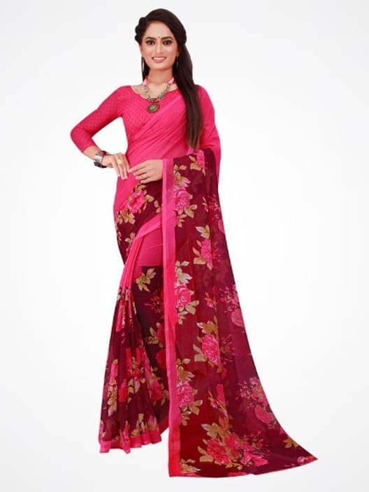     			Suali Georgette Printed Saree With Unstitched Blouse Piece ( Pink )