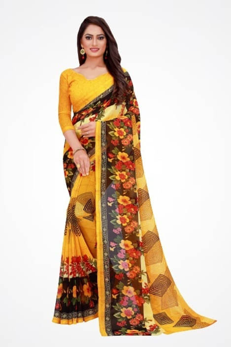 Suali Georgette Printed Saree With Unstitched Blouse Piece ( Yellow ) Suali Georgette Printed Saree With Unstitched Blouse Piece ( Yellow )