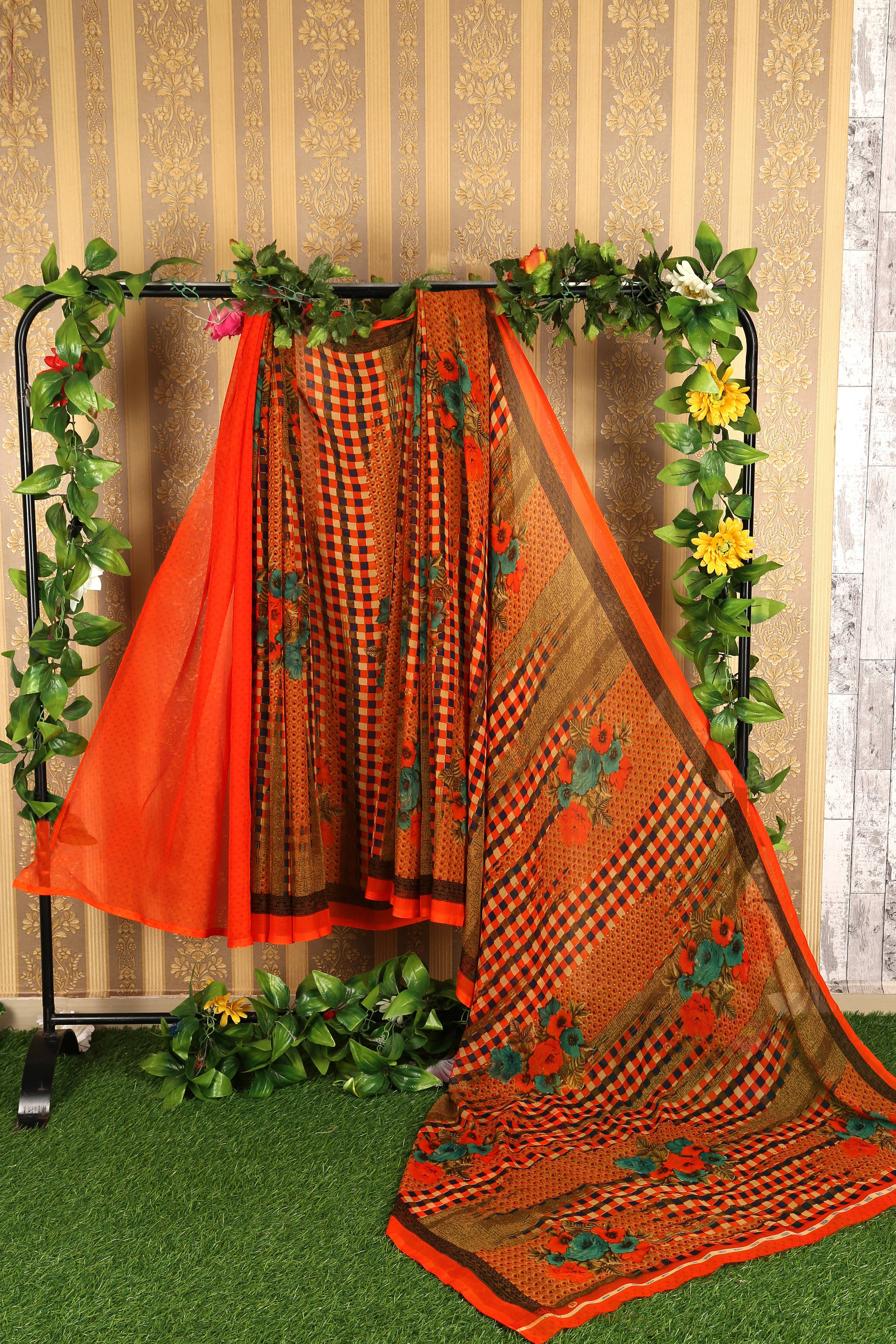     			Suali Georgette Printed Saree With Unstitched Blouse Piece ( Orange )