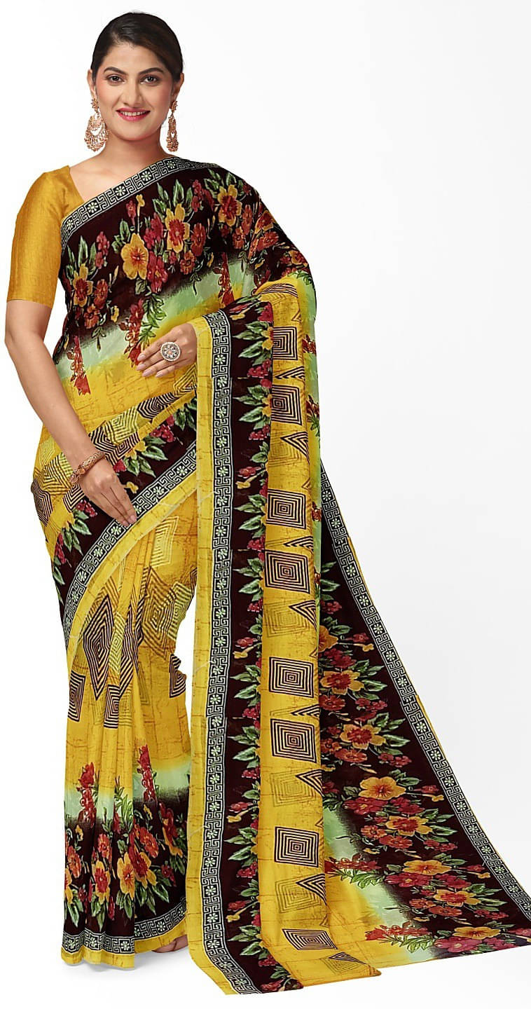     			Suali Georgette Printed Saree With Unstitched Blouse Piece ( Yellow )