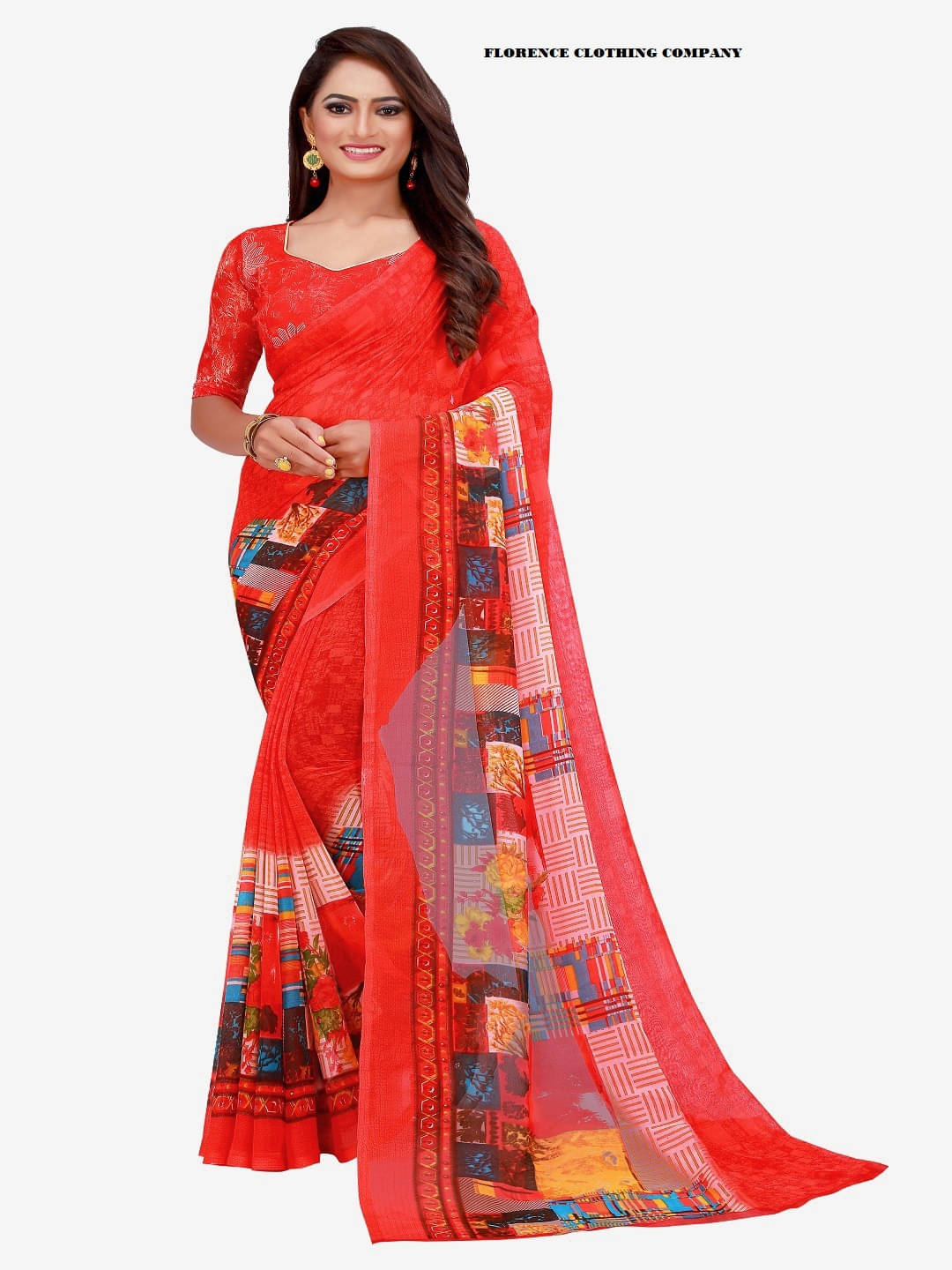     			Suali Georgette Printed Saree With Unstitched Blouse Piece ( Red )