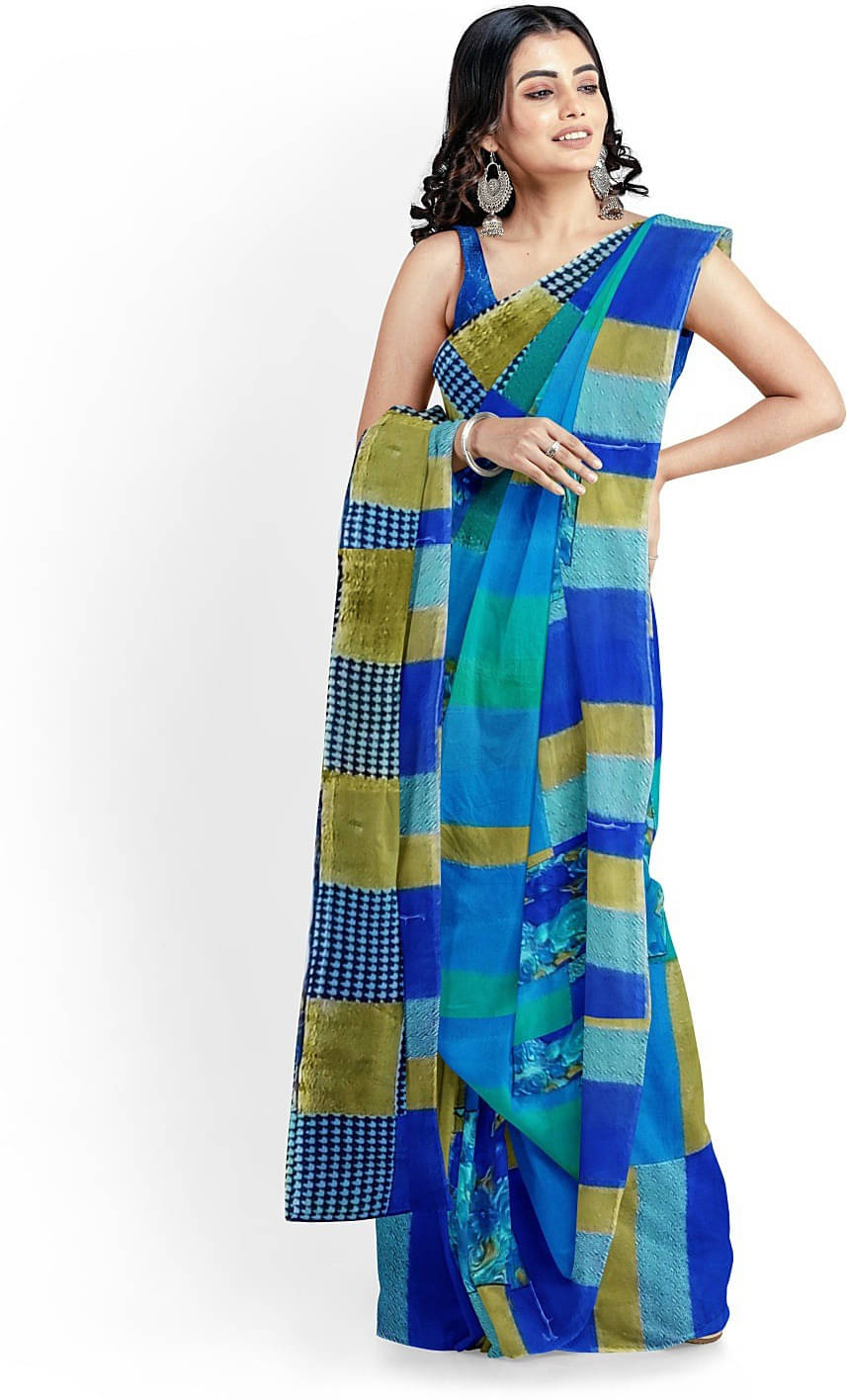     			Suali Georgette Printed Saree With Unstitched Blouse Piece ( Blue )