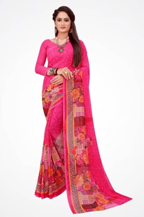     			Suali Georgette Printed Saree With Unstitched Blouse Piece ( Pink )