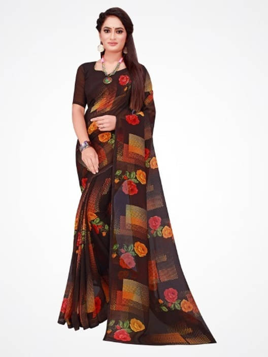     			Suali Georgette Printed Saree With Unstitched Blouse Piece ( Black )