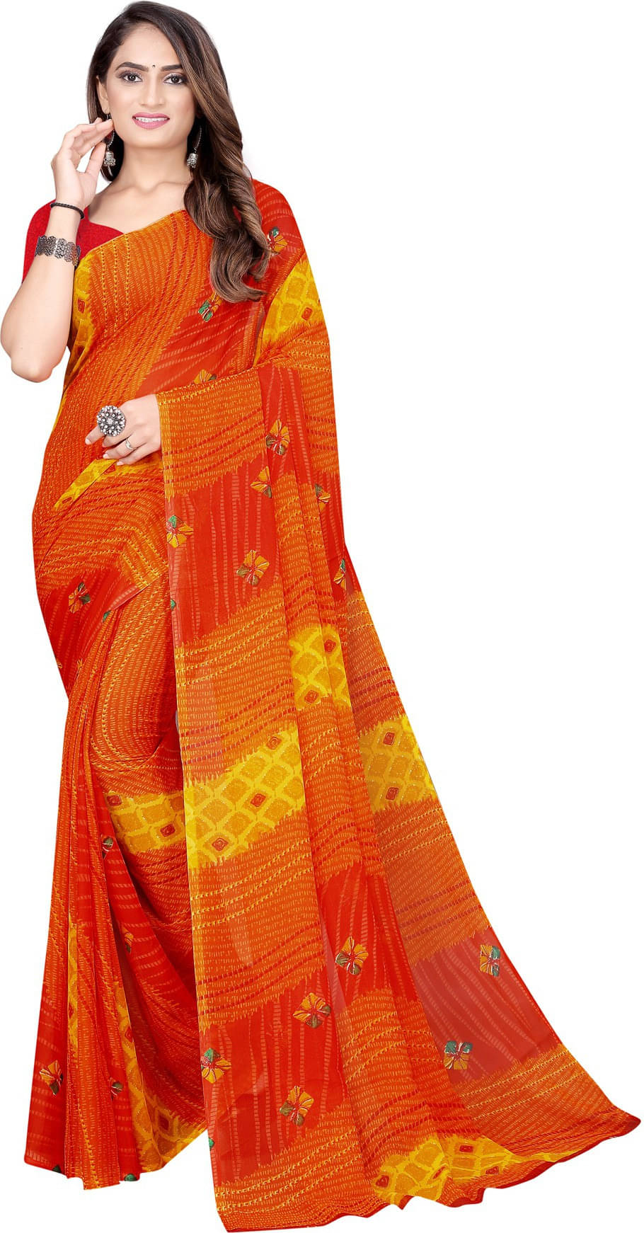 Suali Georgette Printed Saree With Unstitched Blouse Piece ( Orange ) Suali Georgette Printed Saree With Unstitched Blouse Piece ( Orange )