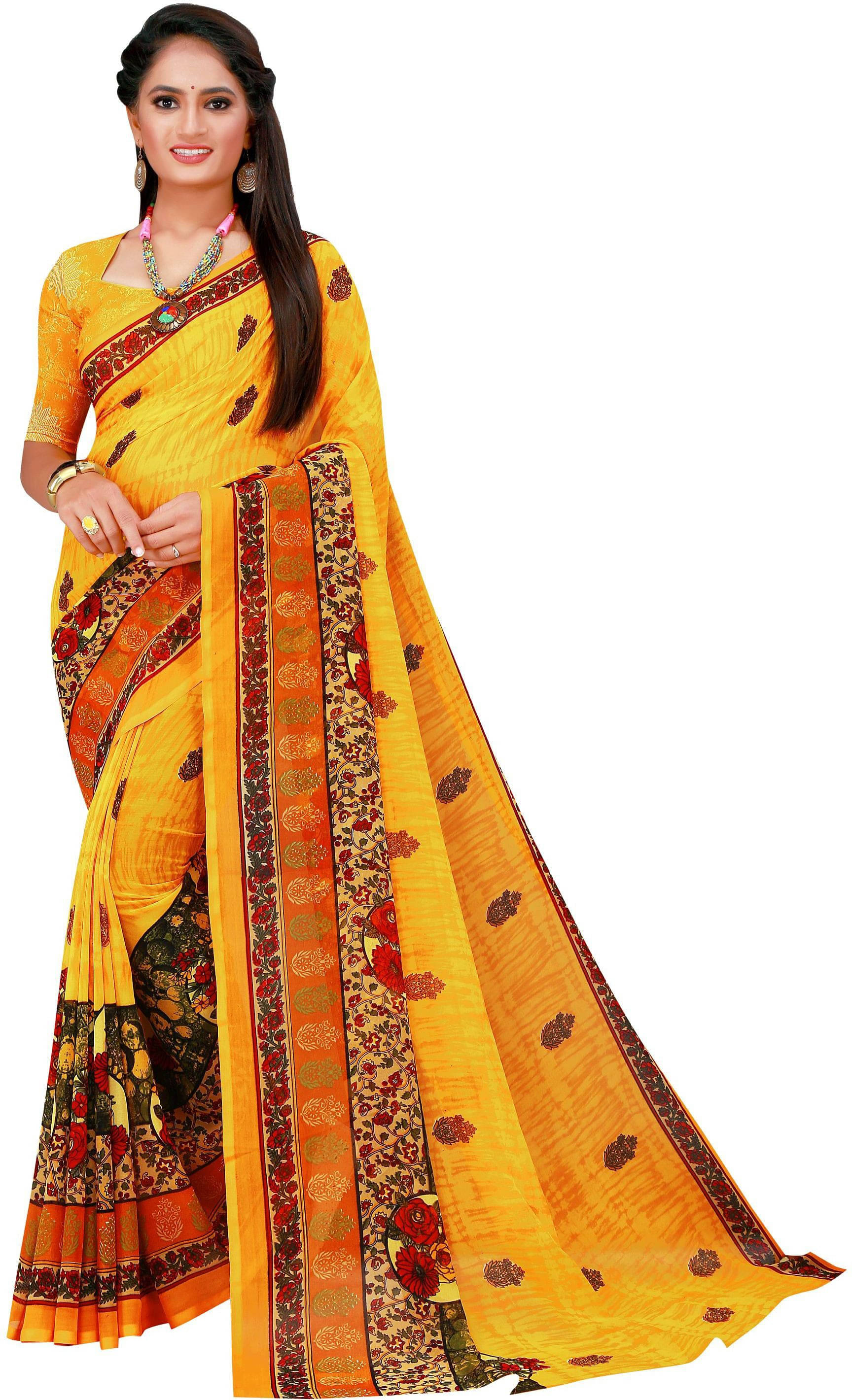     			Suali Georgette Printed Saree With Unstitched Blouse Piece ( Yellow )