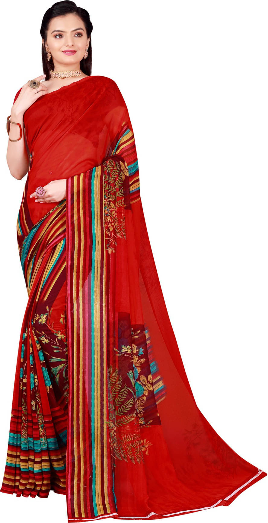 Suali Georgette Printed Saree With Unstitched Blouse Piece ( Red ) Suali Georgette Printed Saree With Unstitched Blouse Piece ( Red )