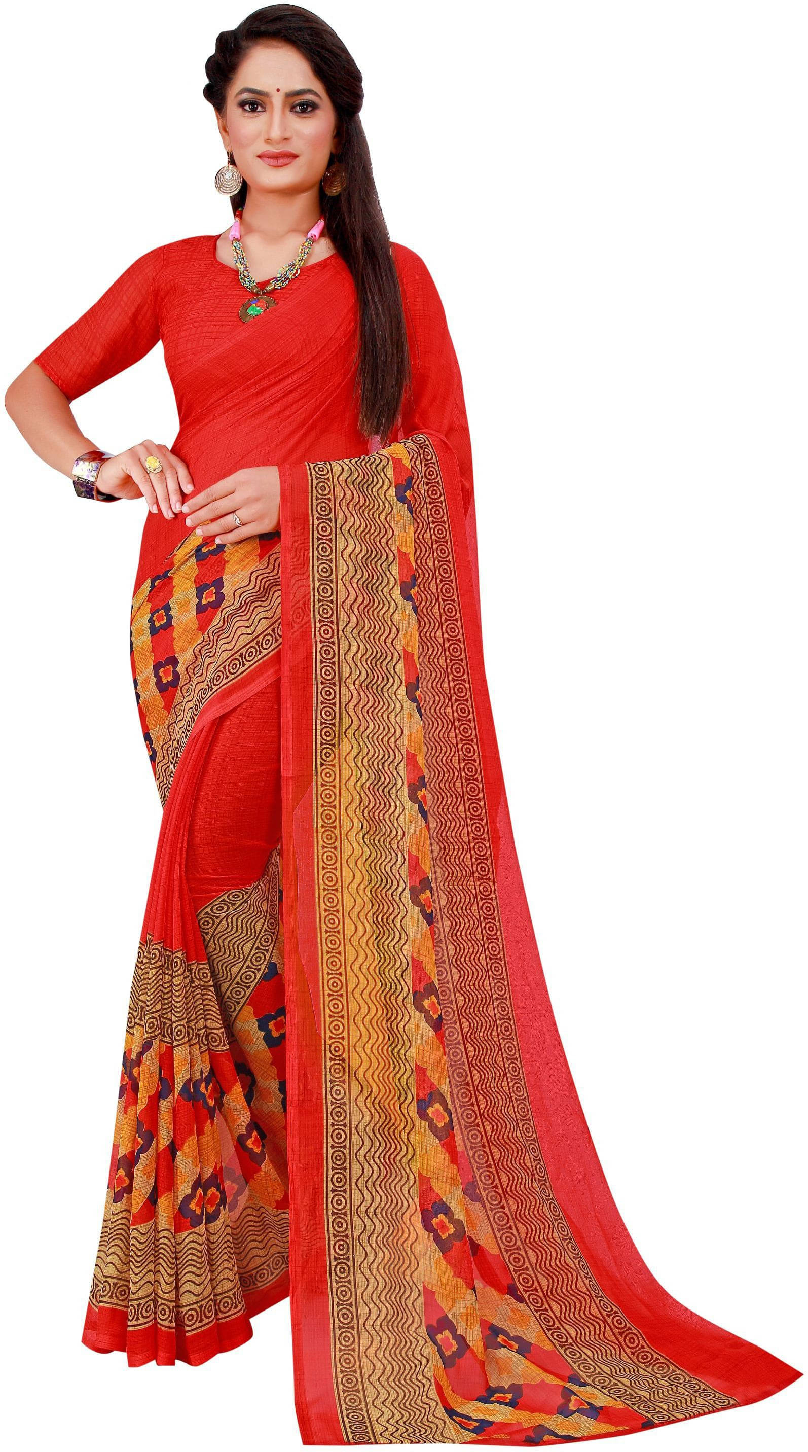     			Suali Georgette Printed Saree With Unstitched Blouse Piece ( Red )