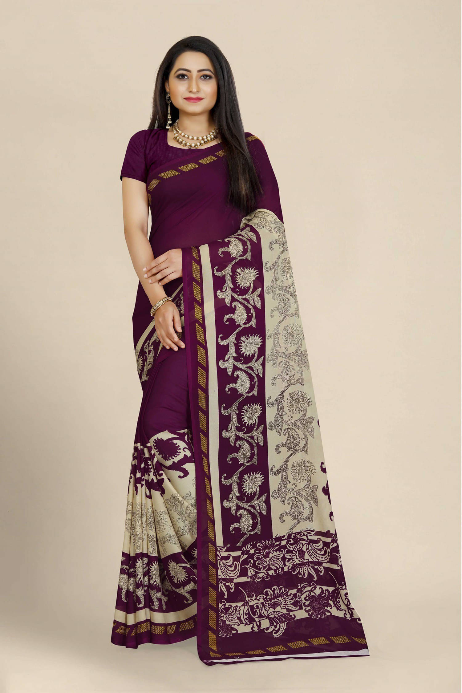     			Suali Georgette Printed Saree With Unstitched Blouse Piece ( Purple )