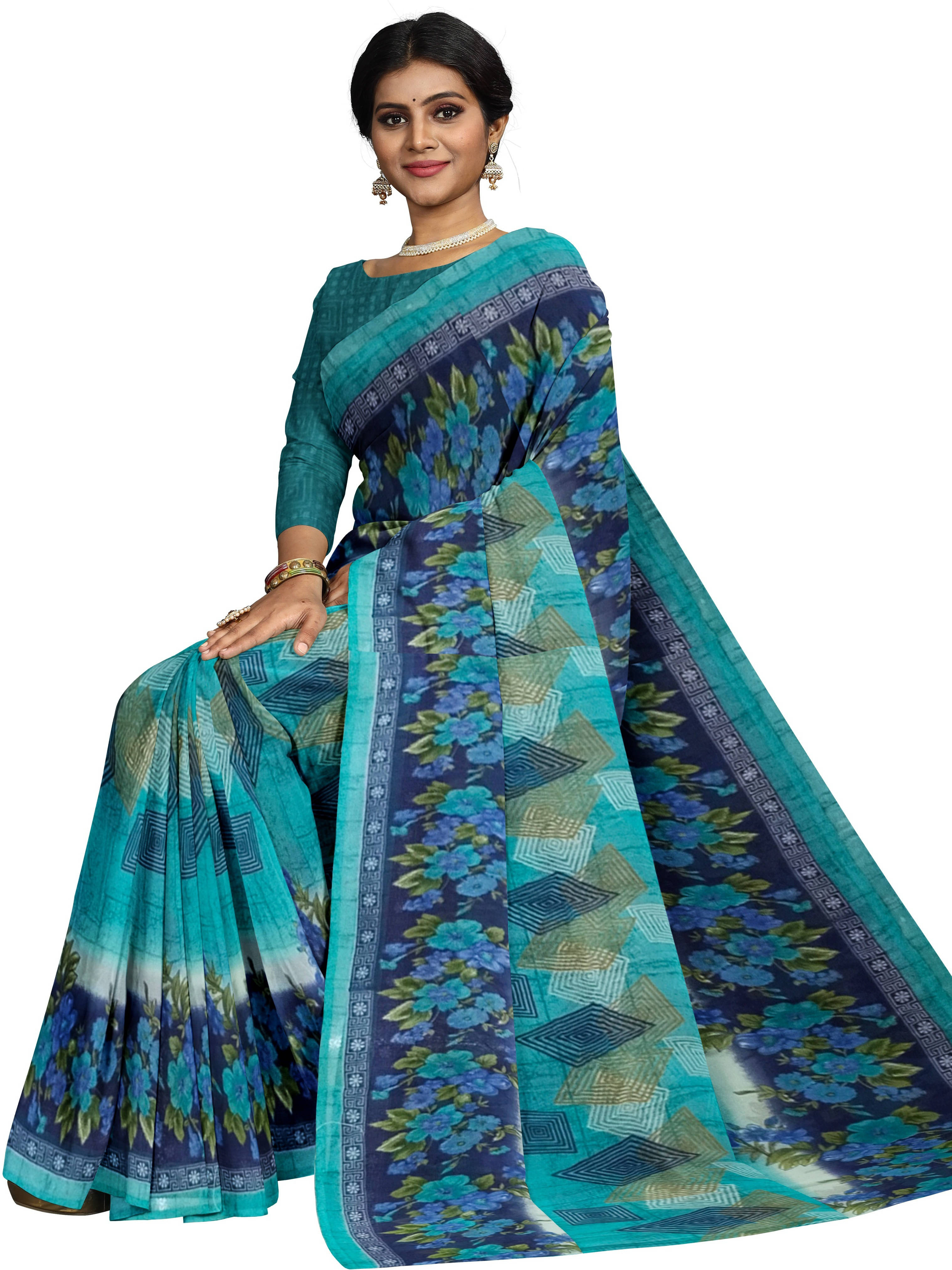 Suali Georgette Printed Saree With Unstitched Blouse Piece ( Green ) Suali Georgette Printed Saree With Unstitched Blouse Piece ( Green )