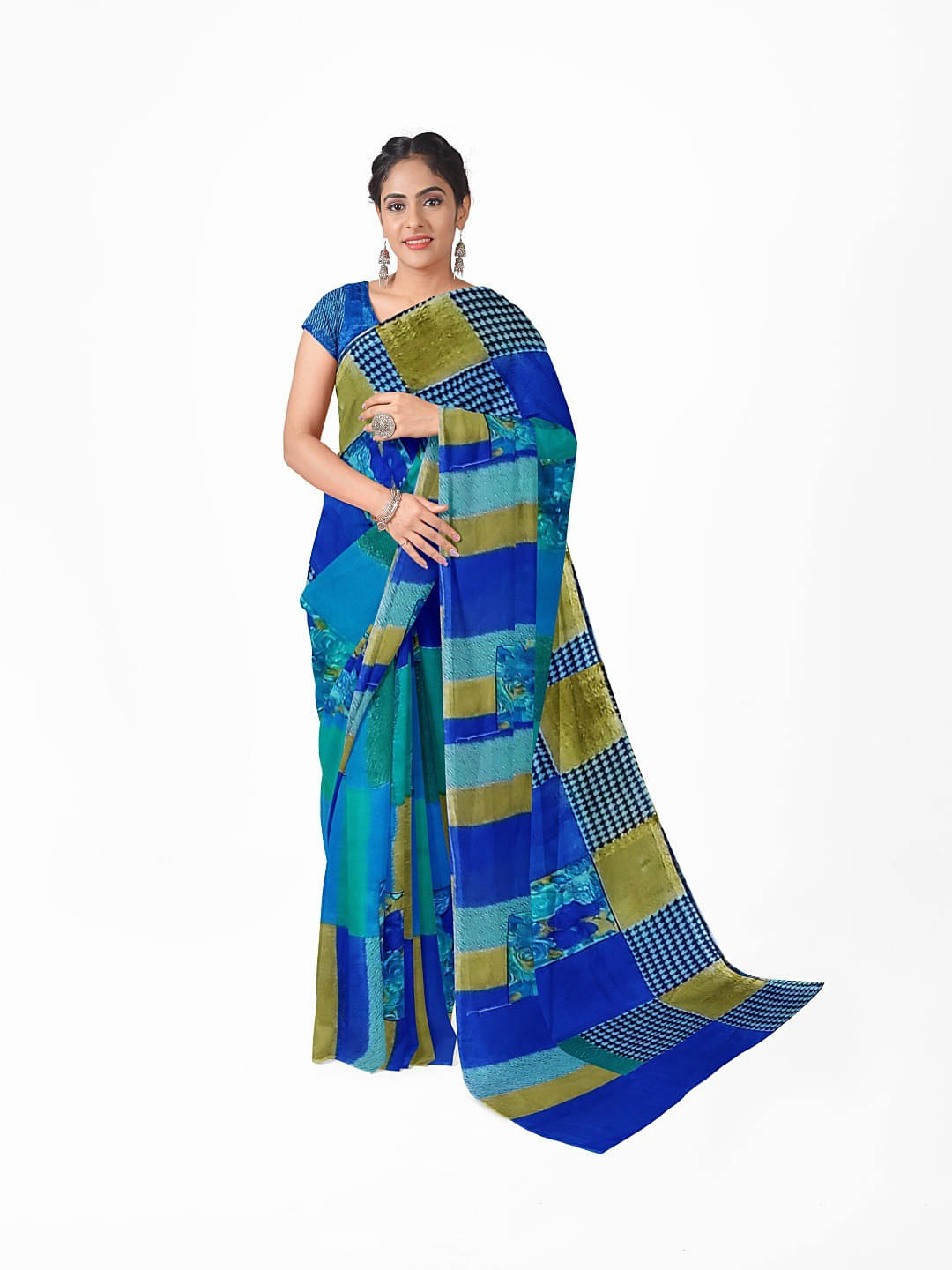 Suali Georgette Printed Saree With Unstitched Blouse Piece ( Blue ) Suali Georgette Printed Saree With Unstitched Blouse Piece ( Blue )