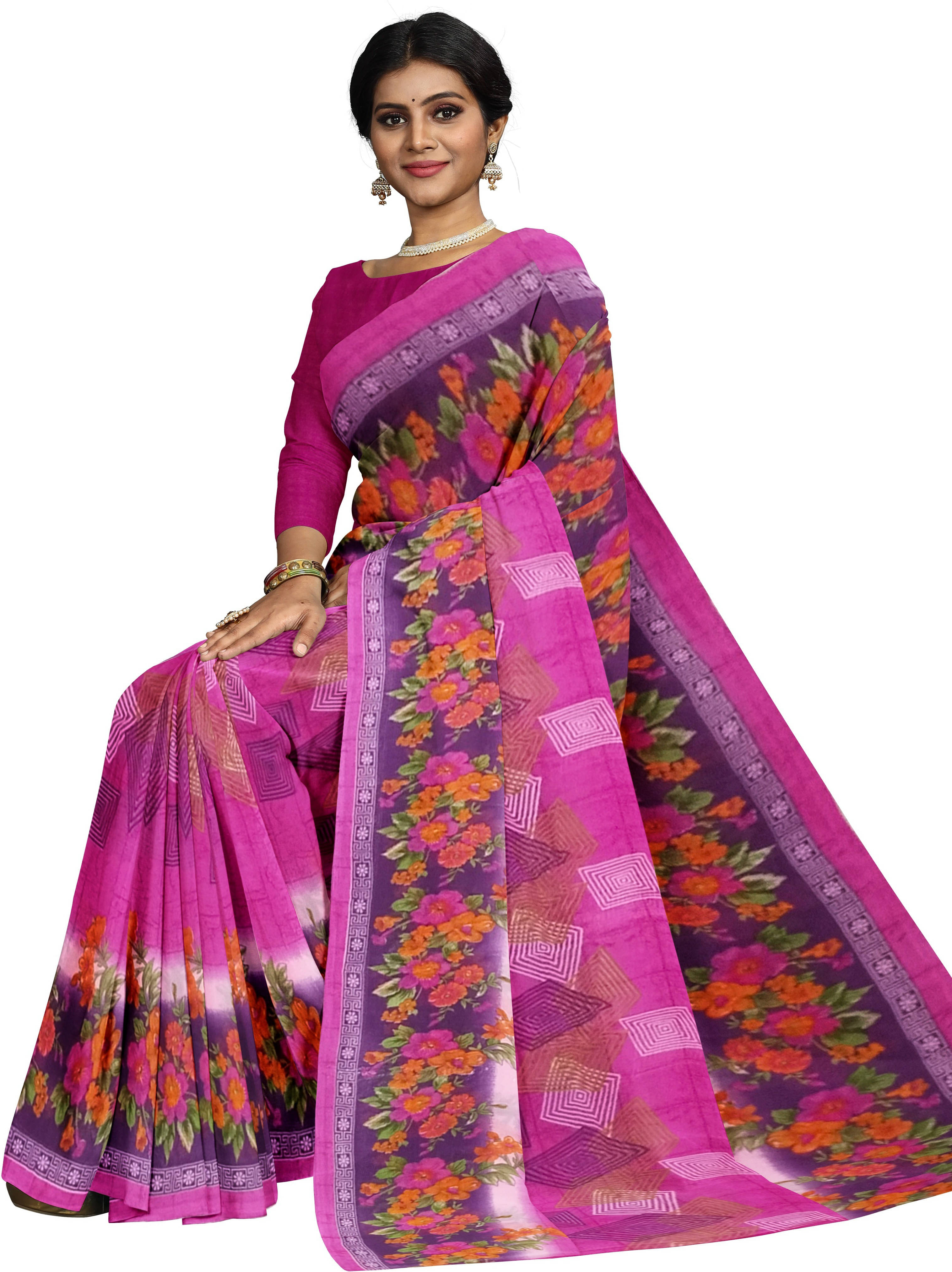 Suali Georgette Printed Saree With Unstitched Blouse Piece ( Pink ) Suali Georgette Printed Saree With Unstitched Blouse Piece ( Pink )
