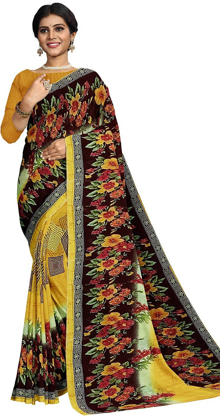 Suali Georgette Printed Saree With Unstitched Blouse Piece ( Yellow ) Suali Georgette Printed Saree With Unstitched Blouse Piece ( Yellow )