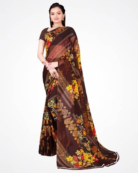     			Suali Georgette Printed Saree With Unstitched Blouse Piece ( Brown )