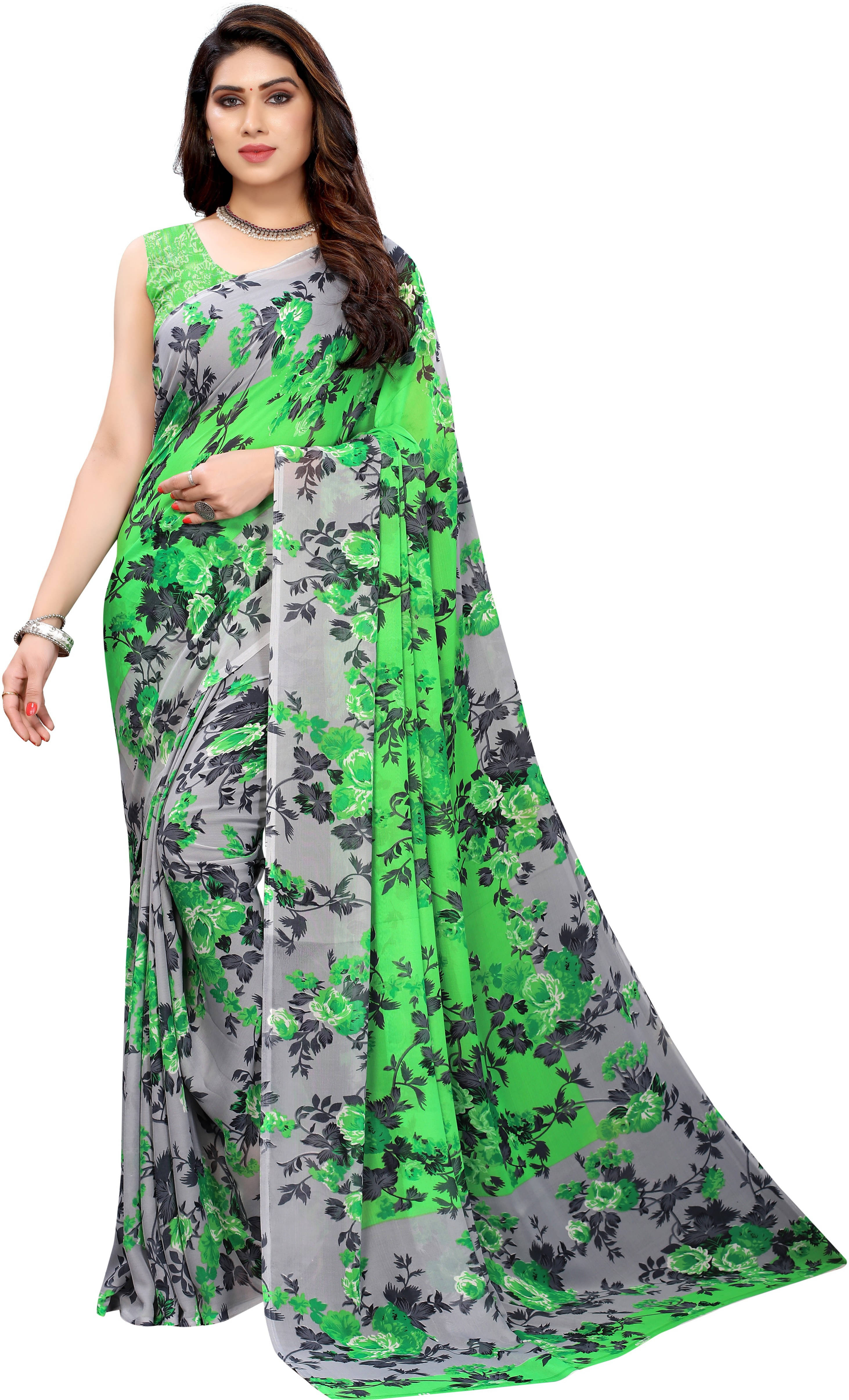 Suali Georgette Printed Saree With Unstitched Blouse Piece ( Green ) Suali Georgette Printed Saree With Unstitched Blouse Piece ( Green )