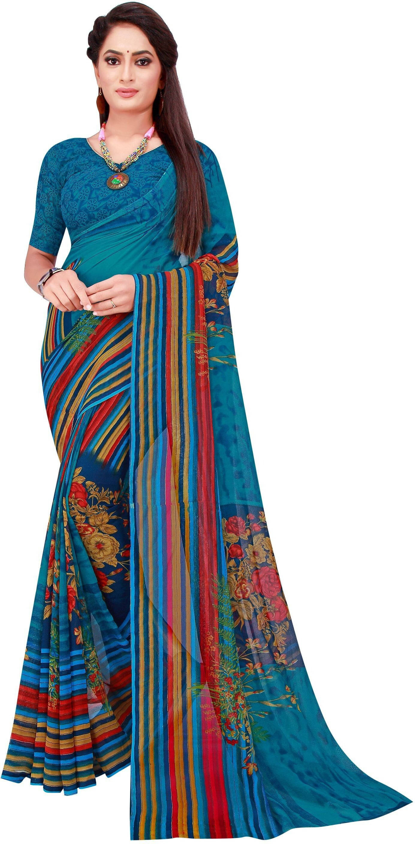 Suali Georgette Printed Saree With Unstitched Blouse Piece ( Blue ) Suali Georgette Printed Saree With Unstitched Blouse Piece ( Blue )