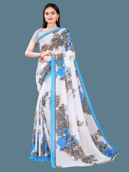     			Suali Georgette Printed Saree With Unstitched Blouse Piece ( Blue )