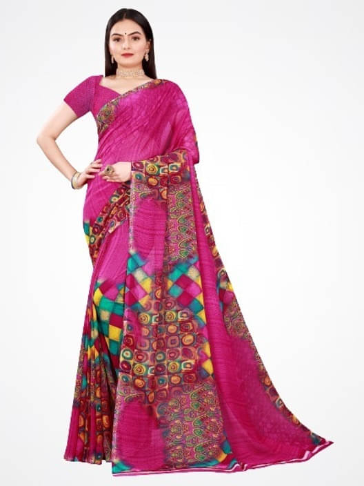 Suali Georgette Printed Saree With Unstitched Blouse Piece ( Magenta ) Suali Georgette Printed Saree With Unstitched Blouse Piece ( Magenta )