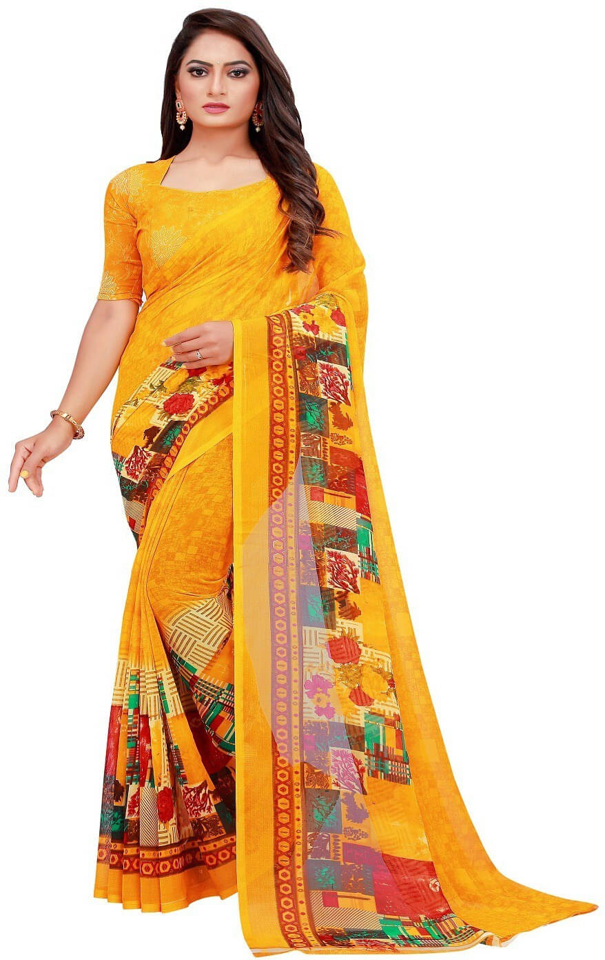     			Suali Georgette Printed Saree With Unstitched Blouse Piece ( Yellow )