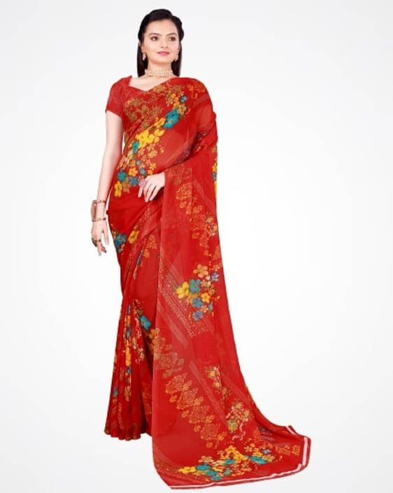 Suali Georgette Printed Saree With Unstitched Blouse Piece ( Red ) Suali Georgette Printed Saree With Unstitched Blouse Piece ( Red )