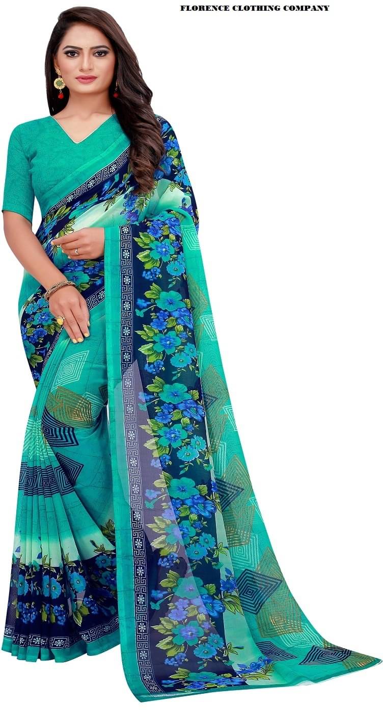     			Suali Georgette Printed Saree With Unstitched Blouse Piece ( Light Blue )
