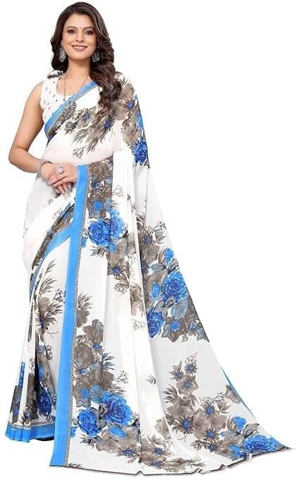     			Suali Georgette Printed Saree With Unstitched Blouse Piece ( Blue )
