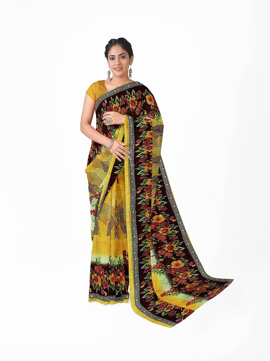     			Suali Georgette Printed Saree With Unstitched Blouse Piece ( Yellow )