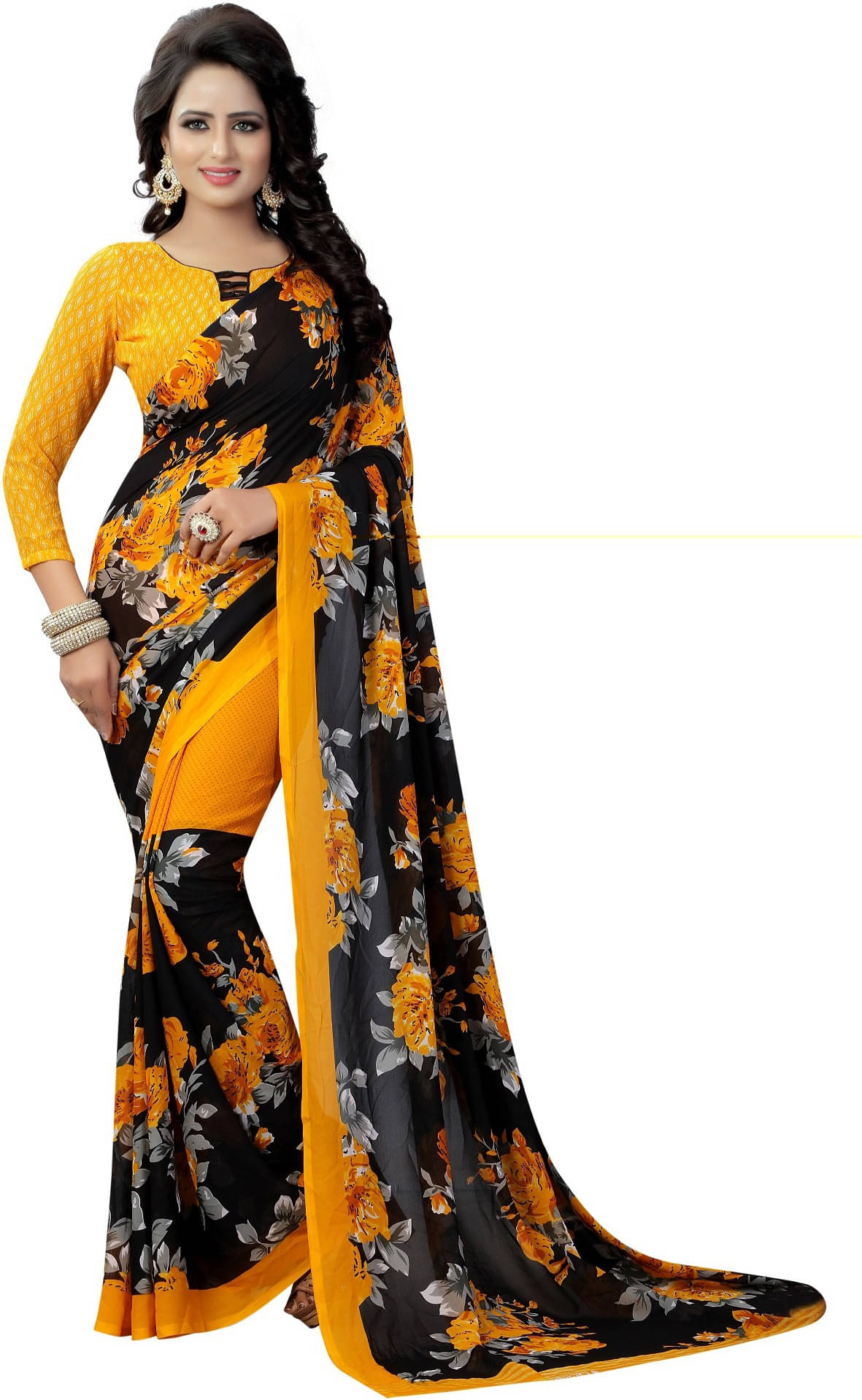 Suali Georgette Printed Saree With Unstitched Blouse Piece ( Yellow ) Suali Georgette Printed Saree With Unstitched Blouse Piece ( Yellow )