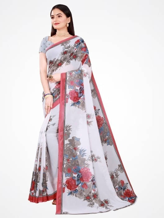 Suali Georgette Printed Saree With Unstitched Blouse Piece ( White ) Suali Georgette Printed Saree With Unstitched Blouse Piece ( White )