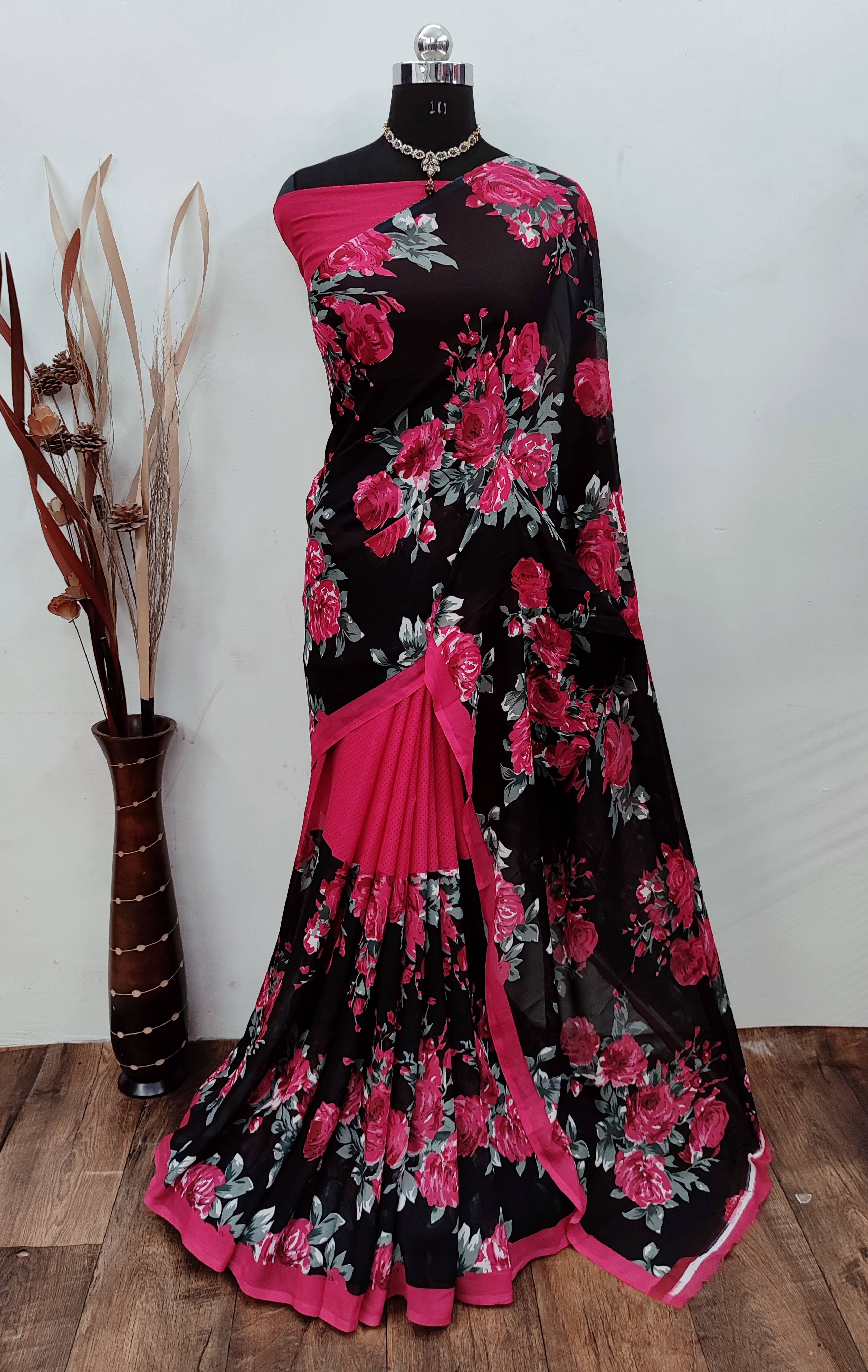     			Suali Georgette Printed Saree With Unstitched Blouse Piece ( Black )