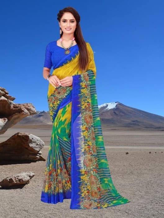     			Suali Georgette Printed Saree With Unstitched Blouse Piece ( Multicolor )