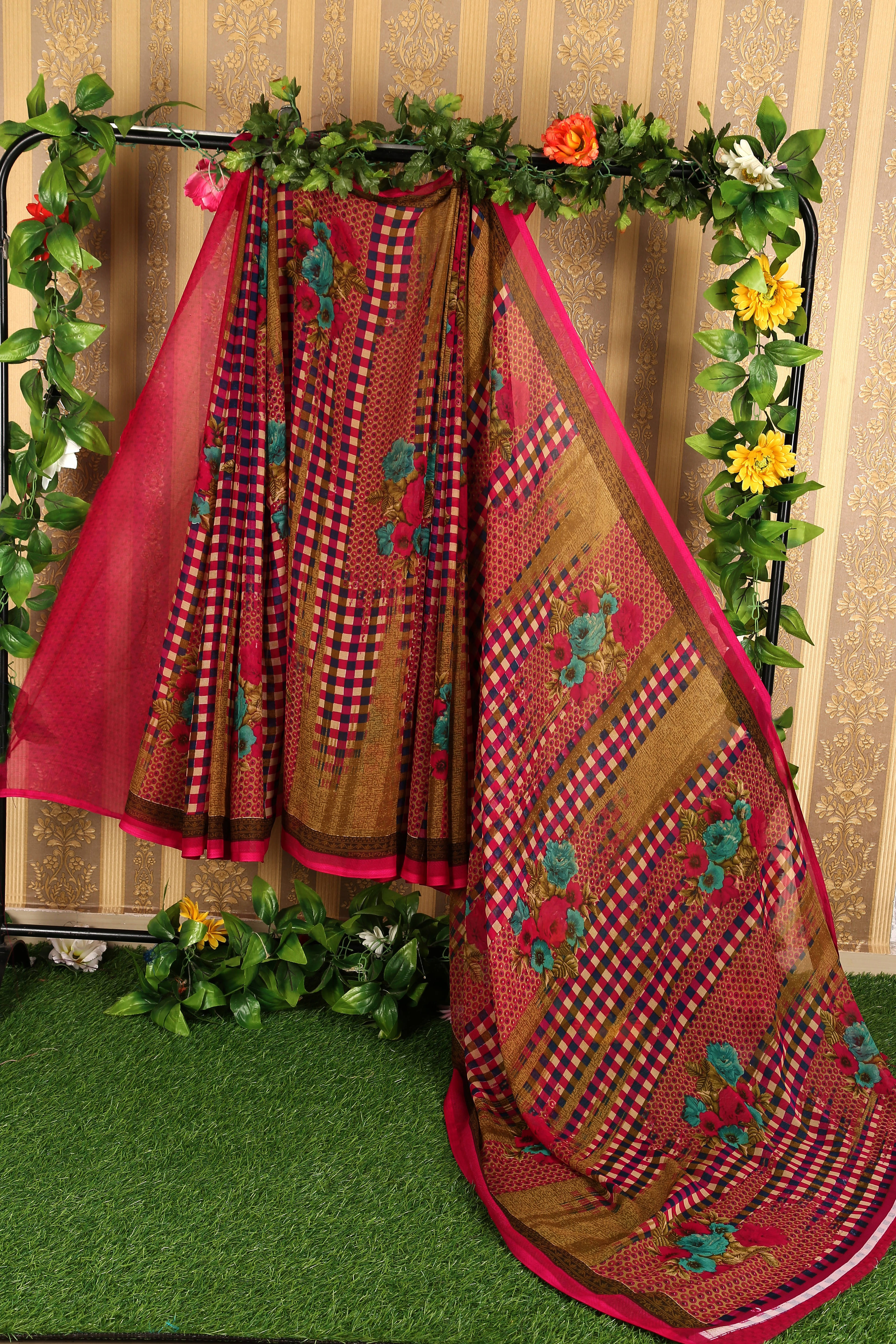 Suali Georgette Printed Saree With Unstitched Blouse Piece ( Pink ) Suali Georgette Printed Saree With Unstitched Blouse Piece ( Pink )