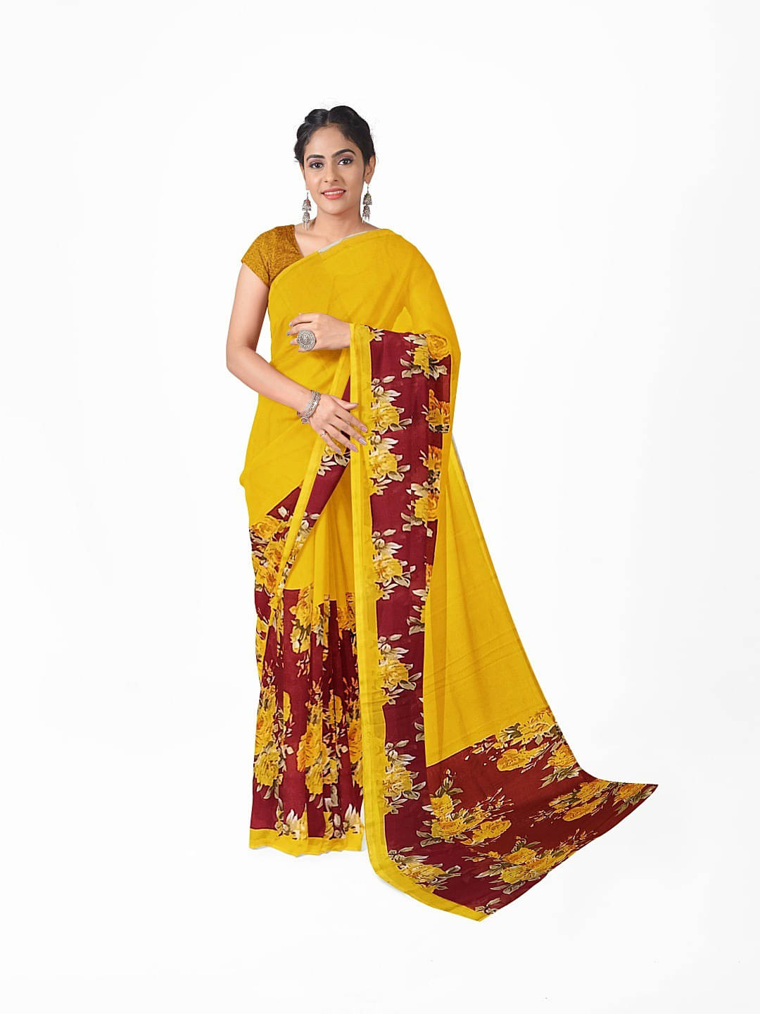 Suali Georgette Printed Saree With Unstitched Blouse Piece ( Yellow ) Suali Georgette Printed Saree With Unstitched Blouse Piece ( Yellow )