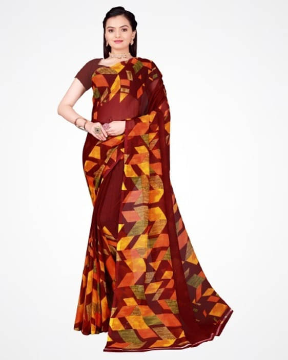     			Suali Georgette Printed Saree With Unstitched Blouse Piece ( Maroon )