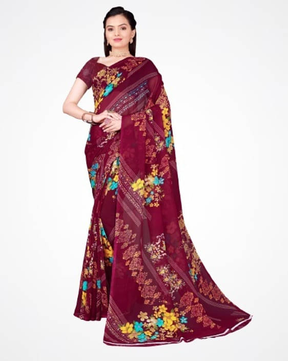     			Suali Georgette Printed Saree With Unstitched Blouse Piece ( Maroon )