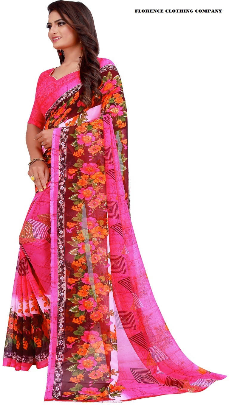     			Suali Georgette Printed Saree With Unstitched Blouse Piece ( Pink )
