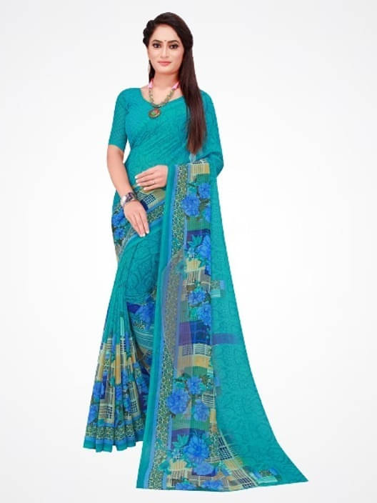 Suali Georgette Printed Saree With Unstitched Blouse Piece ( Light Blue ) Suali Georgette Printed Saree With Unstitched Blouse Piece ( Light Blue )