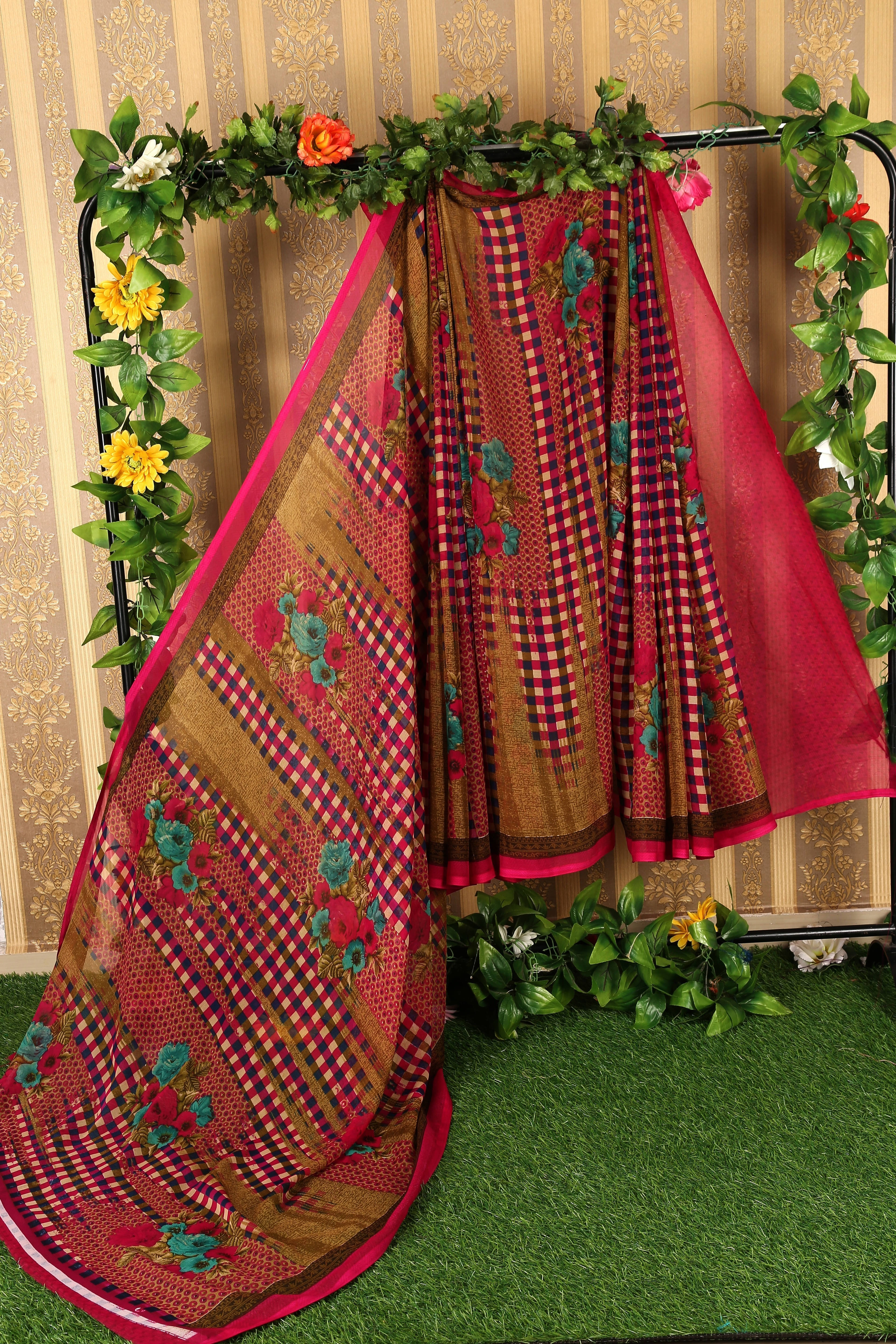 Suali Georgette Printed Saree With Unstitched Blouse Piece ( Pink ) Suali Georgette Printed Saree With Unstitched Blouse Piece ( Pink )