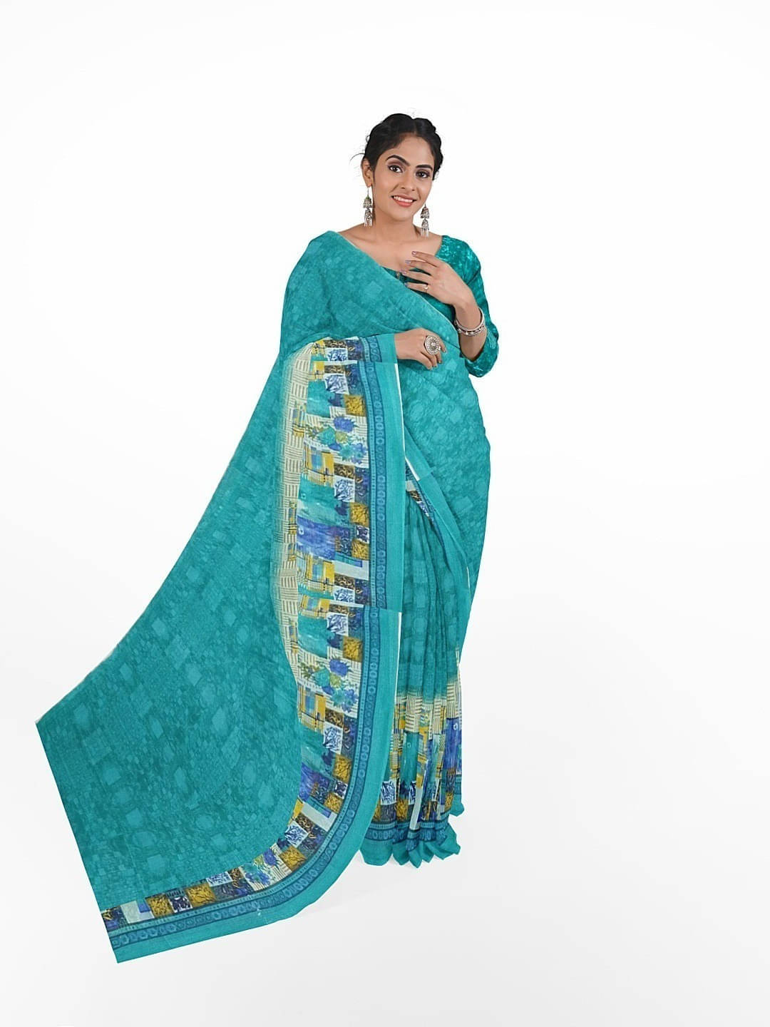     			Suali Georgette Printed Saree With Unstitched Blouse Piece ( Blue )