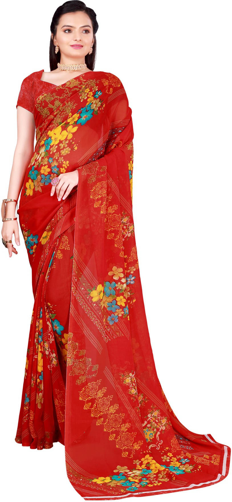 Suali Georgette Printed Saree With Unstitched Blouse Piece ( Red ) Suali Georgette Printed Saree With Unstitched Blouse Piece ( Red )