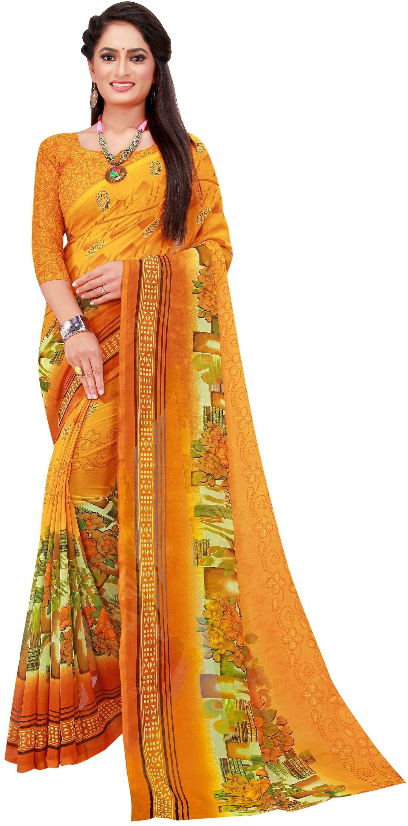 Suali Georgette Printed Saree With Unstitched Blouse Piece ( Yellow ) Suali Georgette Printed Saree With Unstitched Blouse Piece ( Yellow )