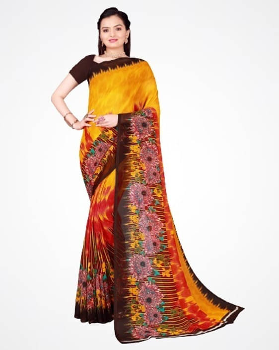     			Suali Georgette Printed Saree With Unstitched Blouse Piece ( Yellow )