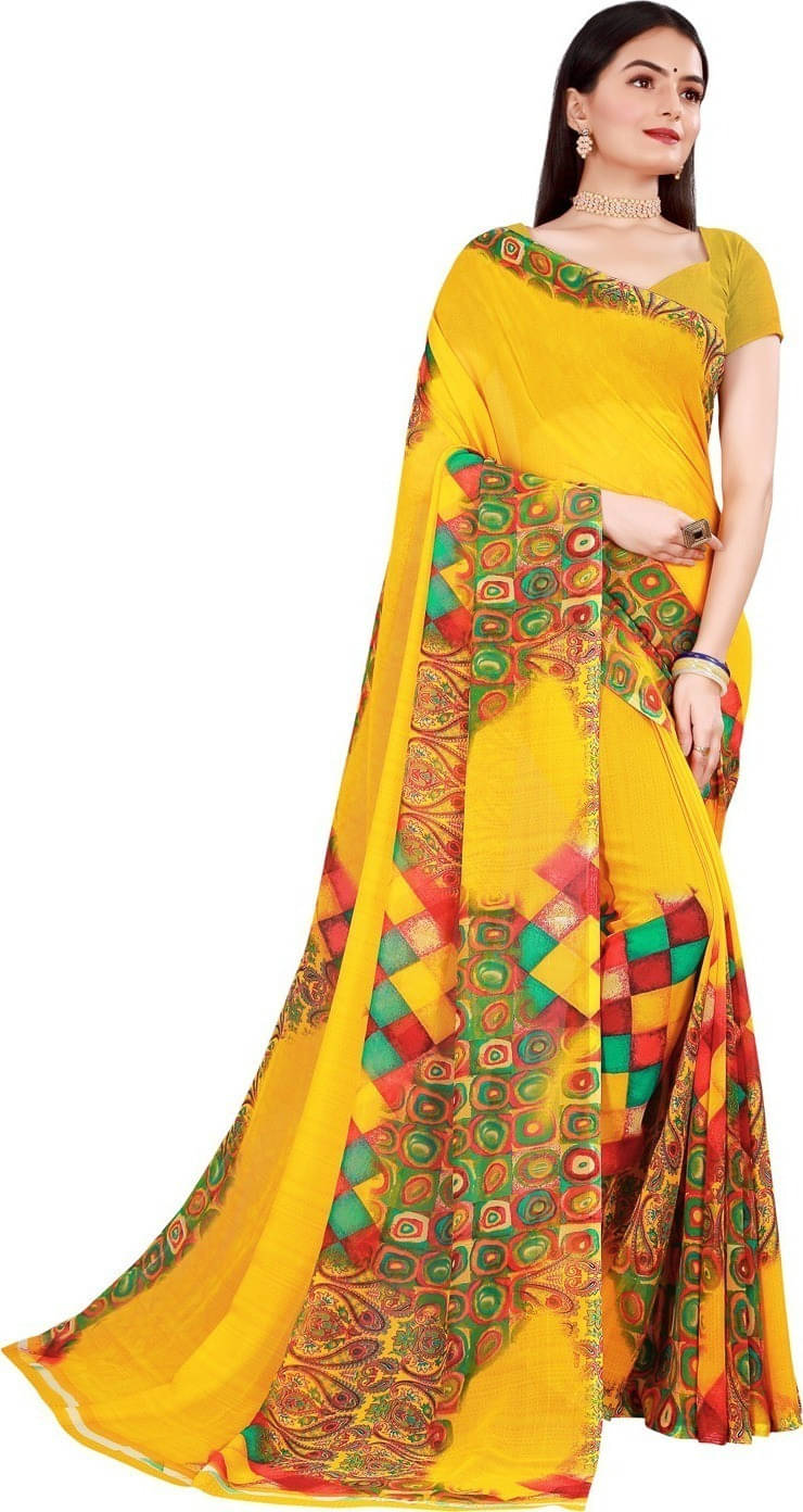     			Suali Georgette Printed Saree With Unstitched Blouse Piece ( Yellow )