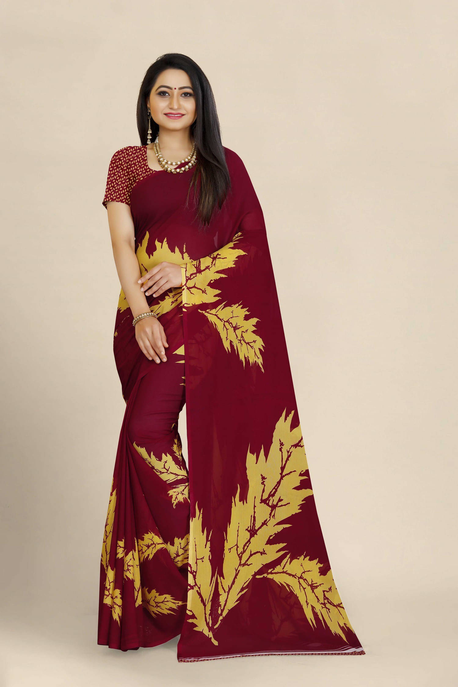 Suali Georgette Printed Saree With Unstitched Blouse Piece ( Maroon ) Suali Georgette Printed Saree With Unstitched Blouse Piece ( Maroon )