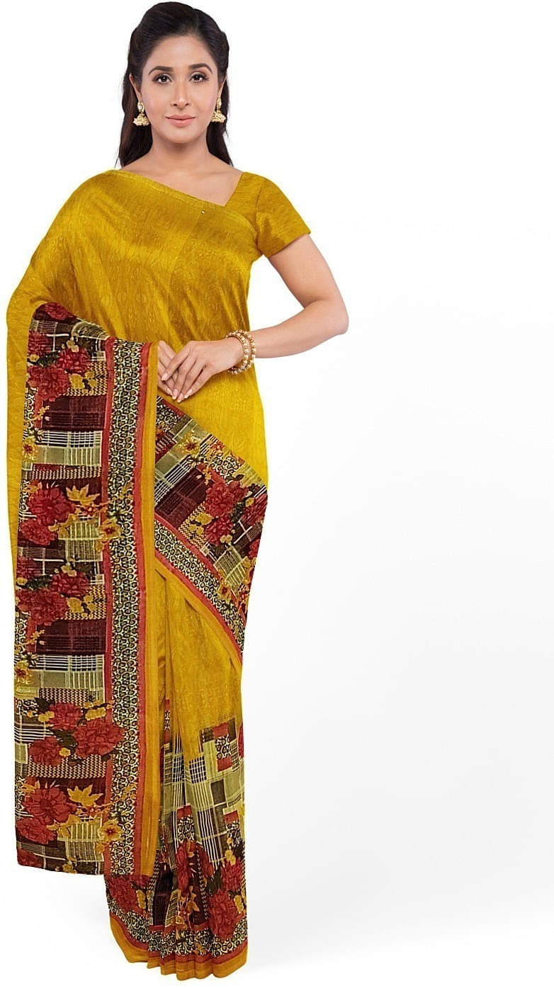     			Suali Georgette Printed Saree With Unstitched Blouse Piece ( Yellow )