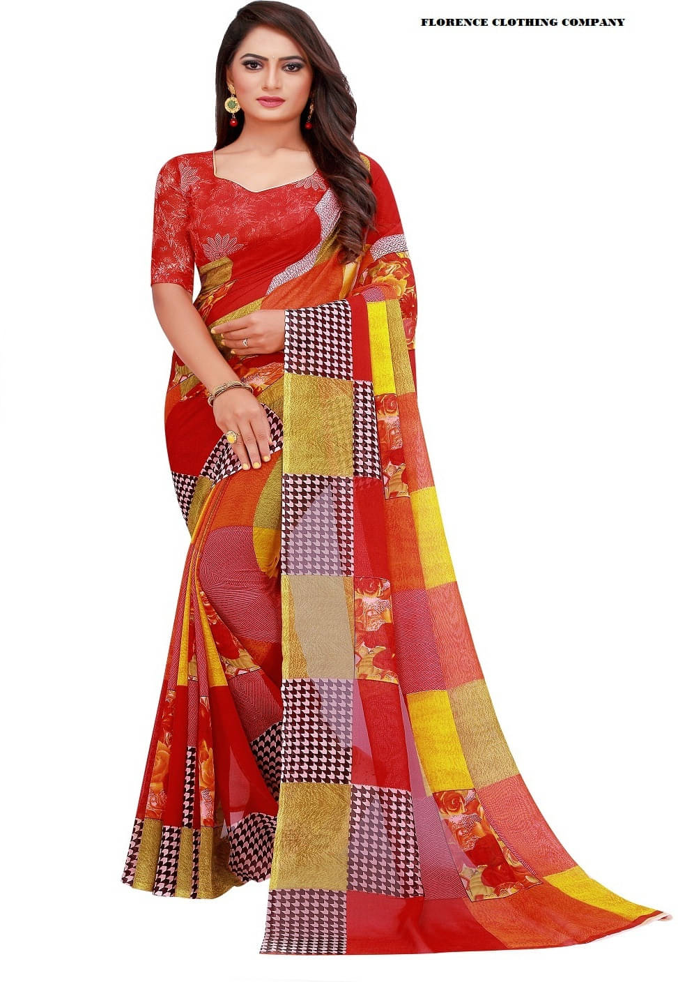    			Suali Georgette Printed Saree With Unstitched Blouse Piece ( Red )