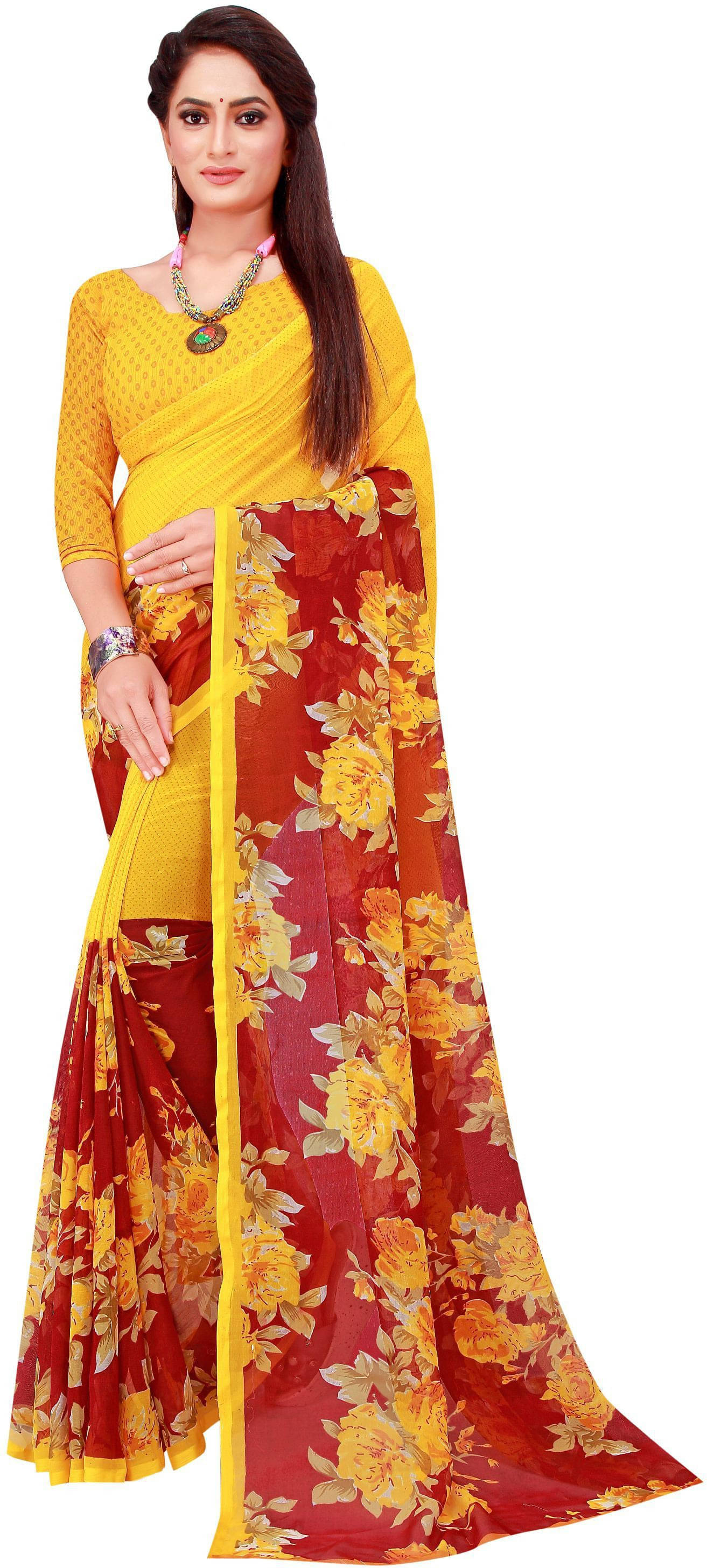 Suali Georgette Printed Saree With Unstitched Blouse Piece ( Yellow ) Suali Georgette Printed Saree With Unstitched Blouse Piece ( Yellow )