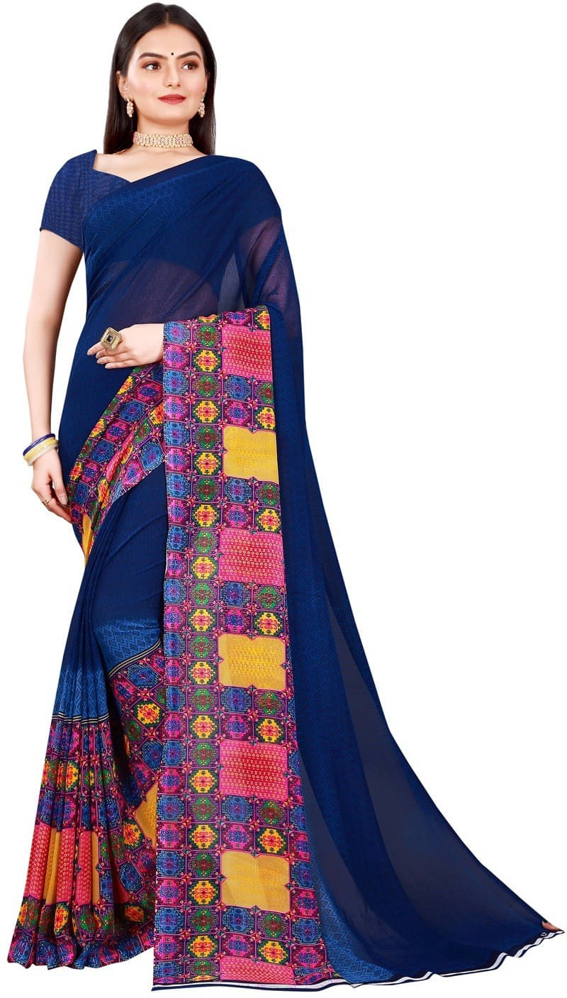     			Suali Georgette Printed Saree With Unstitched Blouse Piece ( Blue )